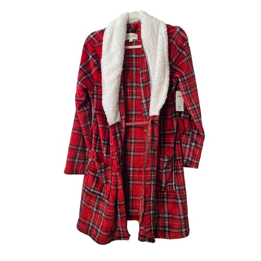 New Laura Ashley Plaid Christmas winter Bath robe Sz S/M -‎ missing belt